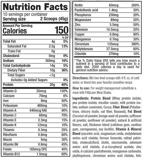 Fit&Lean MealShake Nutritional Facts