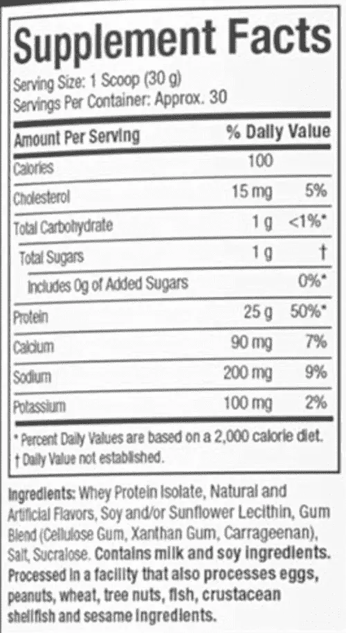 MuscleTech ISOWHEY Whey Isolate Nutritional Facts