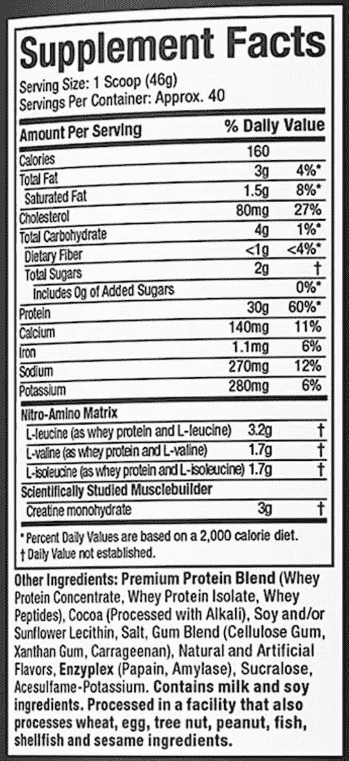 MuscleTech Nitro-Tech Whey Protein Nutritional Facts