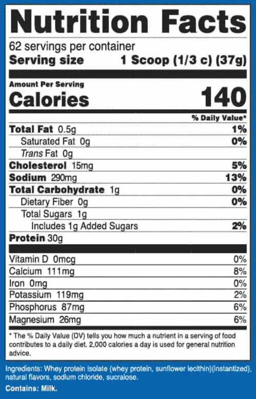 Nutricost Whey Protein Isolate Nutritional Facts